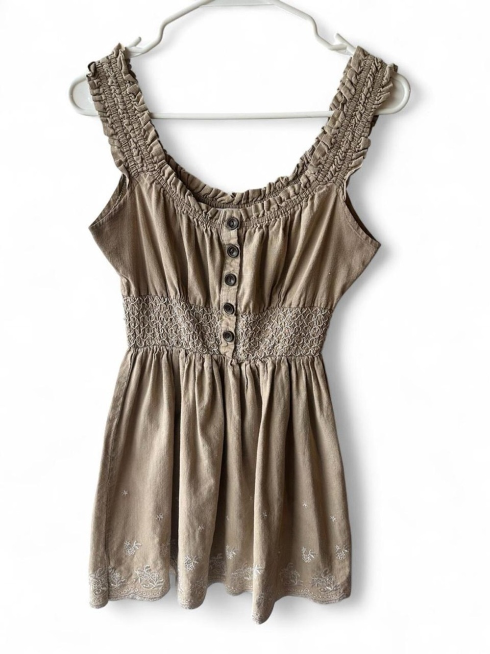 Tres Jolie Tan and White Embroidered Babydoll Dress with Button Front Medium